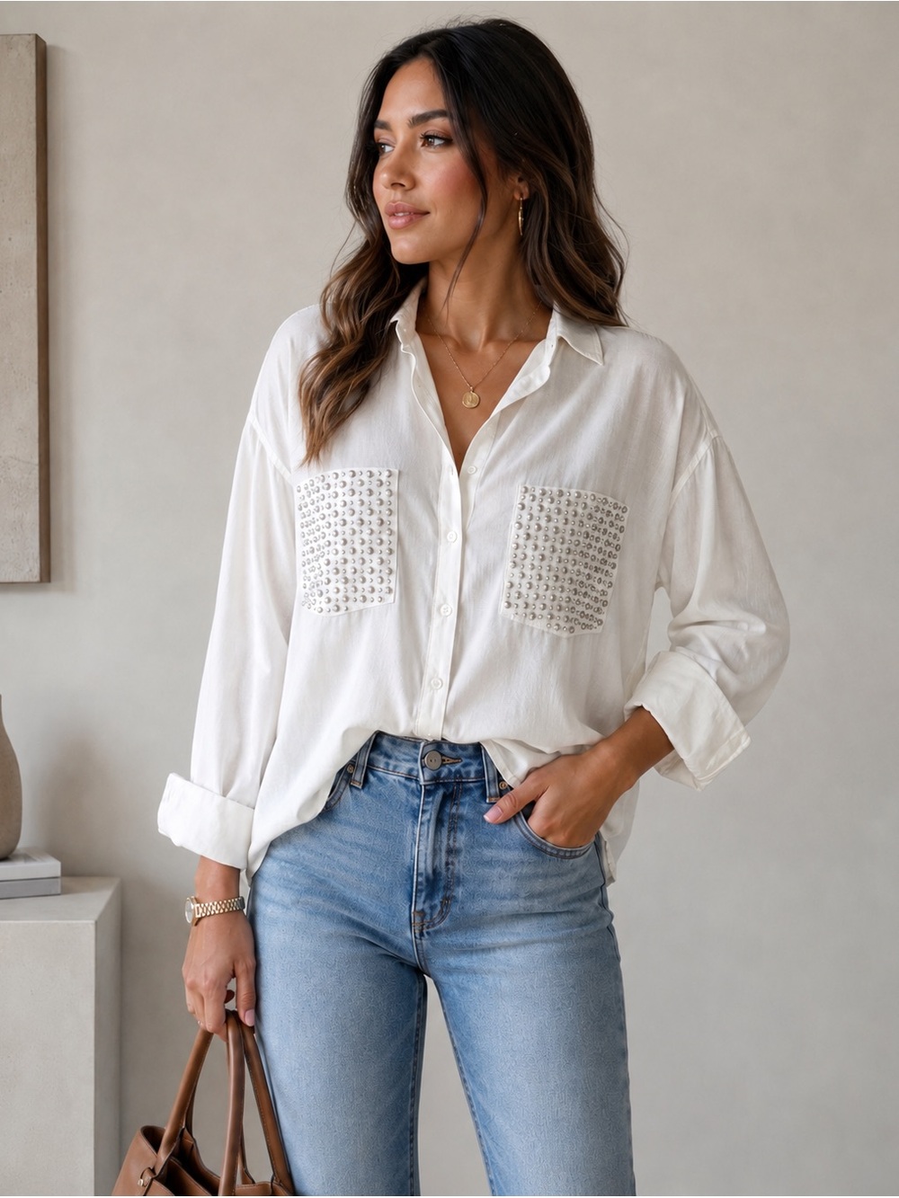 White Stud-Accent Button-Front Blouse